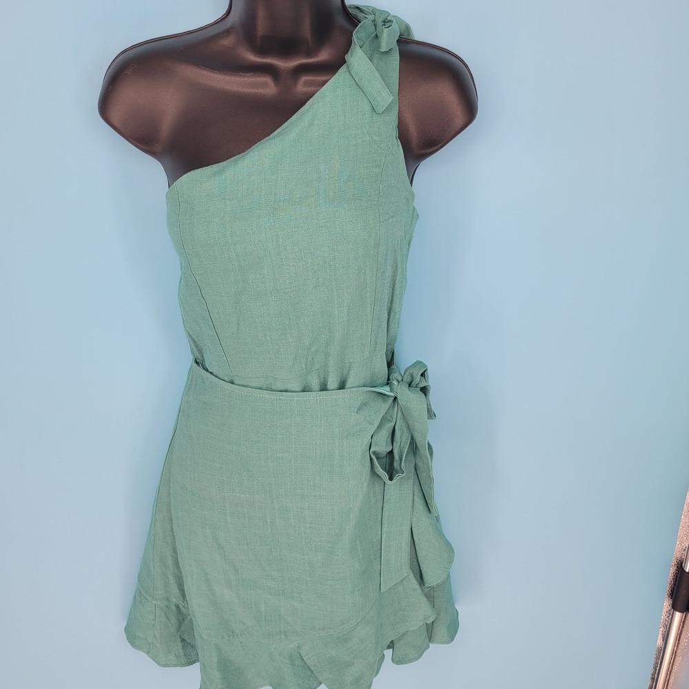 NWT Hallelu One Shoulder Mini Dress Women Medium Forestbrook Green Linen Blend
